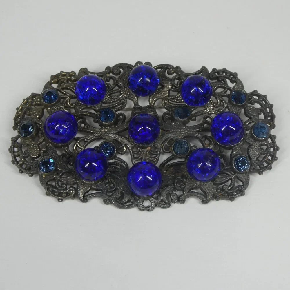 Silver Filigree Blue Rhinestone & Glass Crystal Brooch Antique Pin Czech?
